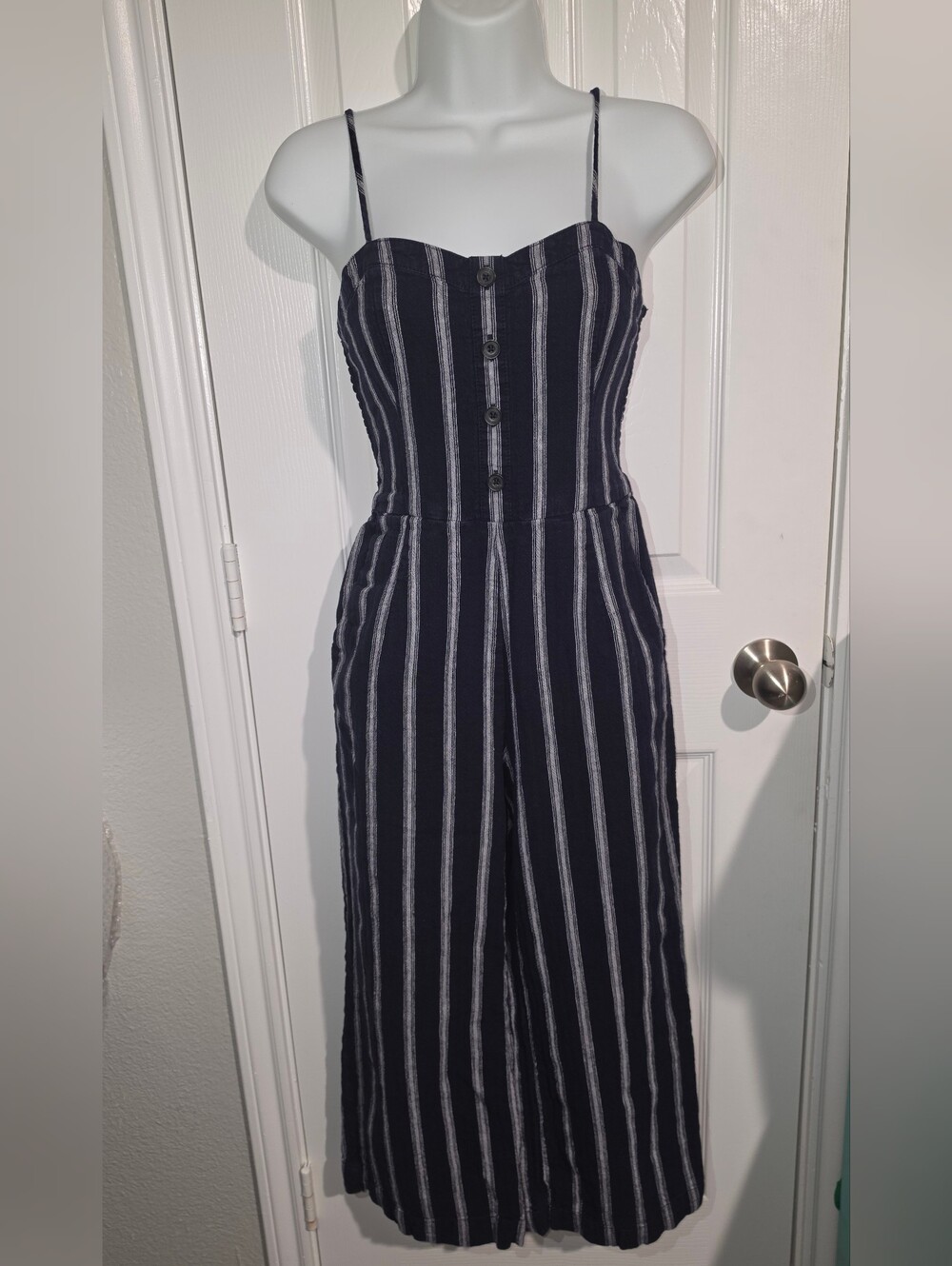Abercrombie & Fitch Blue White Striped Linen Blend Button Front Jumpsuit Size XS